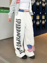 アメリカンレトロデザインのペンキ風ウエスト2重 ワイドレッグパンツ【男女兼用・ストリートダンス・ロング丈】（セットアップ対応）