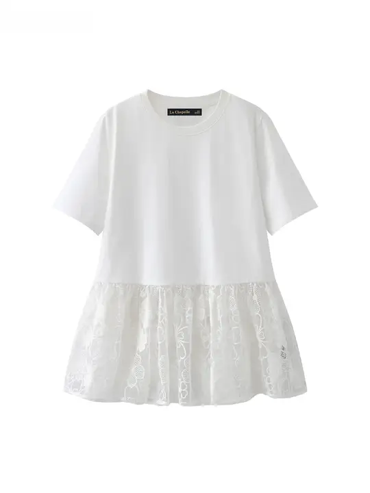白色レースフリル半袖Tシャツ【ワンピース風・レディース・夏用】