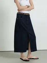 幾何学模様デニム色のワイドストレートスカート【春夏用・スリット入り・Aライン】