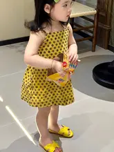 子供用夏用ドット柄キャミソールドレス【コットンシルク・ビーチリゾート向け・黄色】