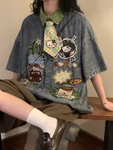 夏季デザインのアメリカンビンテージ風カジュアル刺繍デニムシャツ【ゆったりシルエット・短袖】