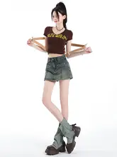 レトロデザインのデニムミニスカート【女性用・ハイウエスト・Aライン】（セットアップ対応）