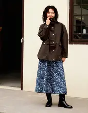 春夏用コットン麻製ミモレ丈スカート【小花柄・フリルウエスト・レトロ風・Aライン】