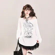 カジュアルなキャラクター印刷 長袖Tシャツ【UVカット・大きめ襟・女性用・フィット】