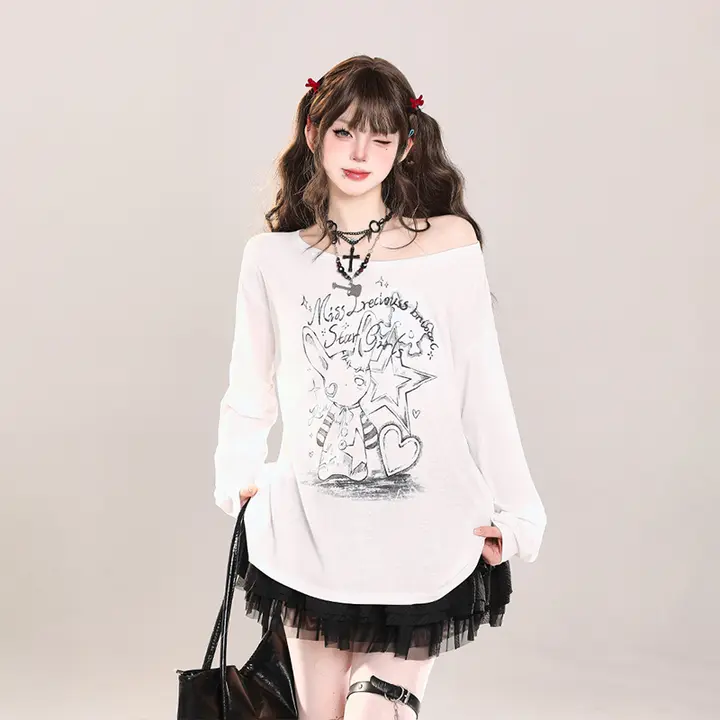 カジュアルなキャラクター印刷 長袖Tシャツ【UVカット・大きめ襟・女性用・フィット】