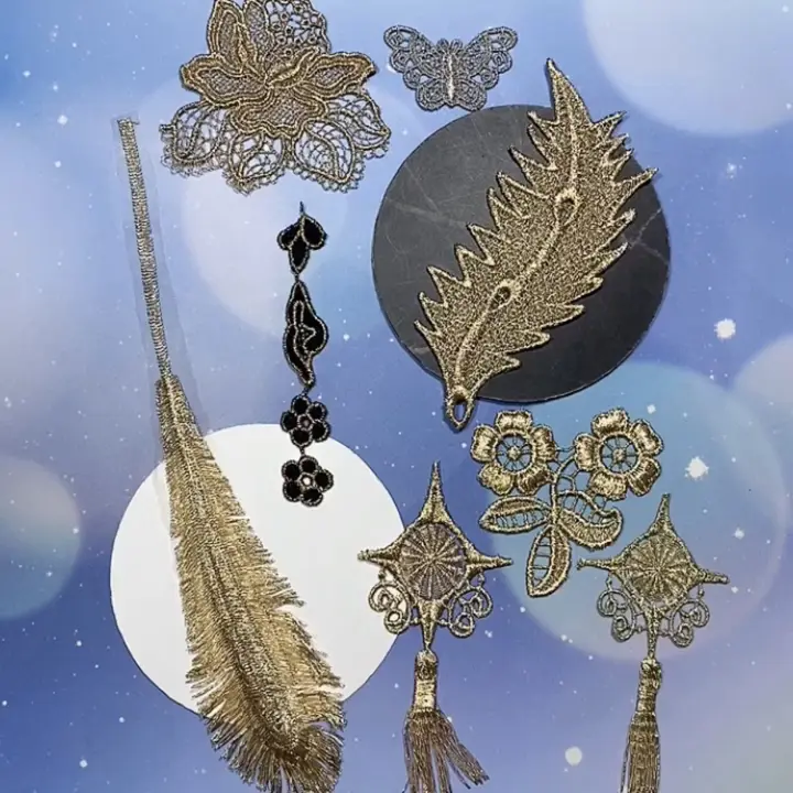 豪華な金糸刺繍のネット生地と羽根の花柄【古典的なランタンデザイン・タッセル付き・パッチ】