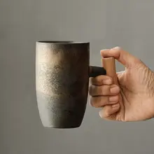 手作り 陶器 コーヒーカップ【和風・大容量・木製ハンドル・オフィス用】