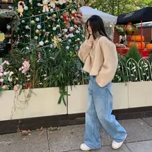 アイシャンストア 厚手裏地付きウォッシュドブルーストレートワイドジーンズ