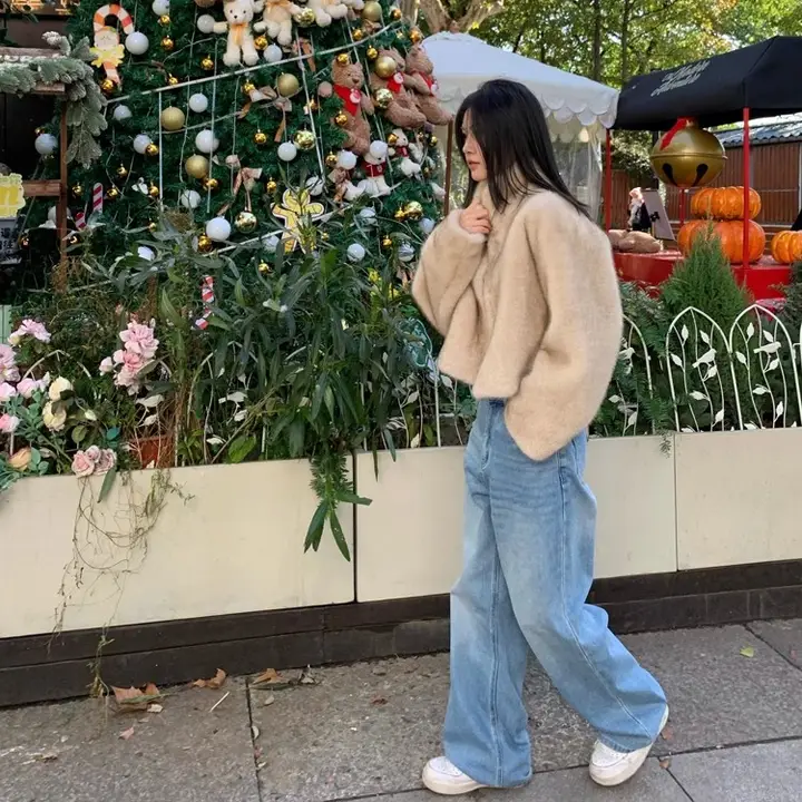 アイシャンストア 厚手裏地付きウォッシュドブルーストレートワイドジーンズ