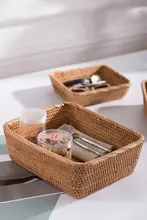 天然木製 ラタン編み 食品収納ボックス【ヴィンテージ風・スクエアデザイン・リビング用】