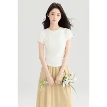 夏用半袖Tシャツ【プルオーバー・ラウンドネック・ストレッチ】とAラインスカート【ハイウエスト・ゆったりシルエット】（セットアップ対応）