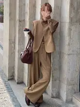 カジュアル着用に最適！カーキカラーのアウターとワイドパンツ【高級感あるデザイン・春秋用】（セットアップ対応）