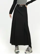 黒色プリーツ Aラインスカート【春用・ロング丈・小柄向け】