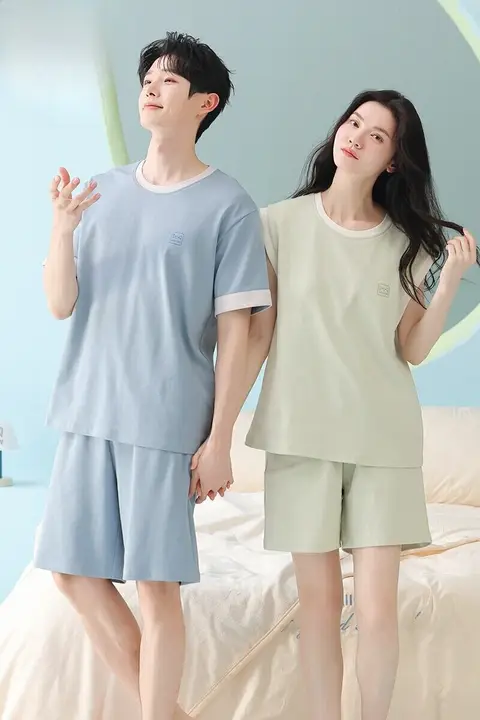 夏用 綿素材のペアルックパジャマ【男性用・女性用・胸パッド付き・短袖】（セットアップ対応）