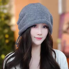 女性用ニットドローストリング帽子【シンプルデザイン・保温性・秋冬用】