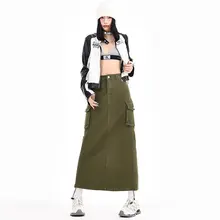 アメリカンスタイルのヴィンテージ工装ポケットデニムスカート【秋冬用・Aライン・ミディ丈】