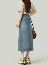 レトロなブルーのハイウエストデニムスカート【スリット入り・ミディ丈】