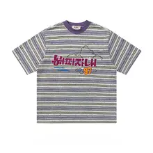 夏用タオル刺繍入りストライプ半袖Tシャツ【カジュアル・ユニセックス・ラウンドネック】（セットアップ対応）