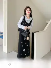 刺繍とプリントのドールカラーシャツとフレアスカート【女性春秋用・スタイルアップ・気質感】（セットアップ対応）