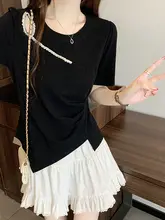 デザイン性の高いイレギュラーTシャツ【夏用・ドレープ・ウエストシェイプ・短袖】