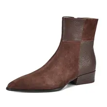 ブラウンのレトロデザイン アンクルブーツ【サイドジッパー・中ヒール・スエード調】