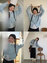 立体花モチーフのブルーセーターカーディガン【春用・着やすいニット】
