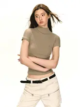 アメリカンヴィンテージ風 ハイネックフィットTシャツ【短袖・女性用・優れたシルエット】