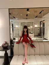 ChiclyNana 赤色トップレスドレス【ハイウエスト・ストリートスタイル・スリムフィット・スパンコール付き】