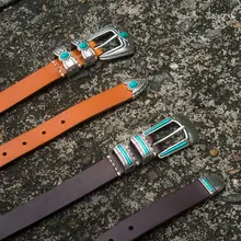 アメリカ西部スタイルの本革ベルト【インディアン風・宝石バックル・3点セット】