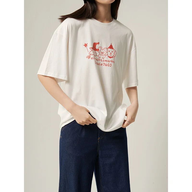 女性用シンプル可愛いアニメプリントTシャツ：おしゃれアイコンアニメのカジュアルスタイルを実現