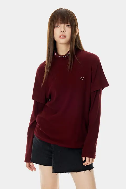 ハイネック長袖Tシャツ【春秋用・女性・カジュアルデザイン・重ね着風】（セットアップ対応）