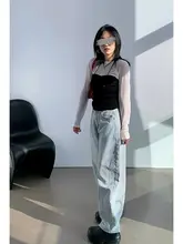 レディースウォッシュ加工デニムパンツ【ルーズフィット・浅い青・バナナカーブデザイン】（セットアップ対応）
