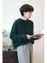 エレガントなデザインのオーバーサイズウールモヘアニットセーター【ダークグリーン・冬用】