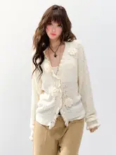 米白色のレースVネックオープンショルダーカーディガン【秋用・韓国スタイル・花柄・極上の柔らかさ】