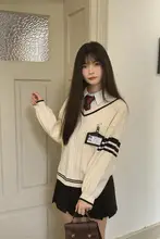 アイスクリームとクジラのデザインJK制服風 Vネック長袖ニット【シンプル・カジュアル】