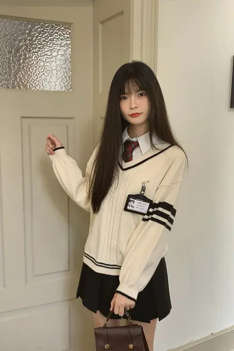 アイスクリームとクジラのデザインJK制服風 Vネック長袖ニット【シンプル・カジュアル】