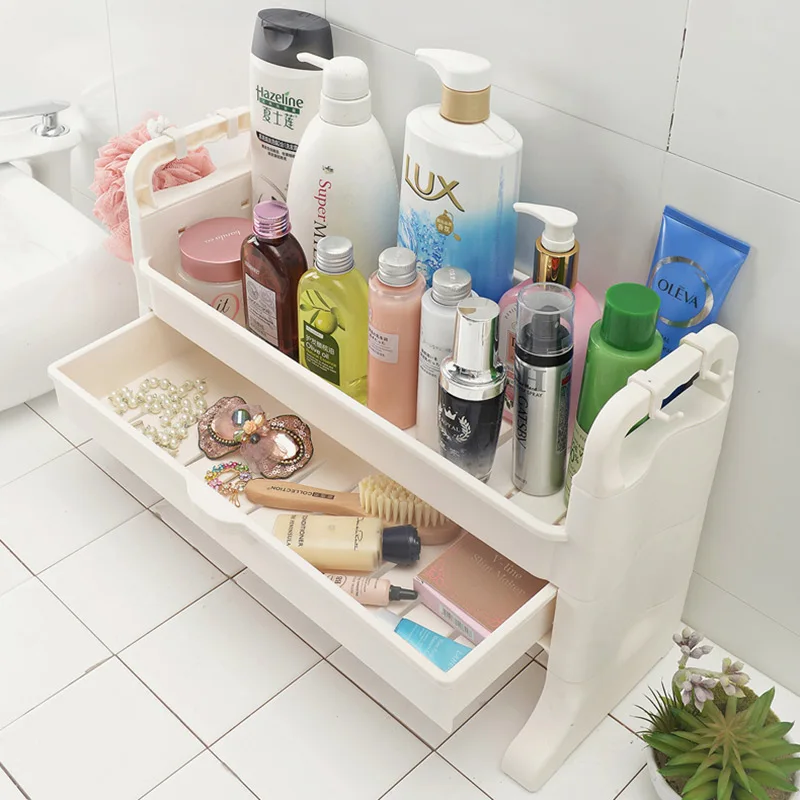 バスルーム用化粧品収納ボックス：引き出しタイプのプラスチック製収納の実用性と設計