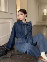 バタフライリボン付きデザインデニムシャツ【フレンチスタイル・ランタンスリーブ・セット】