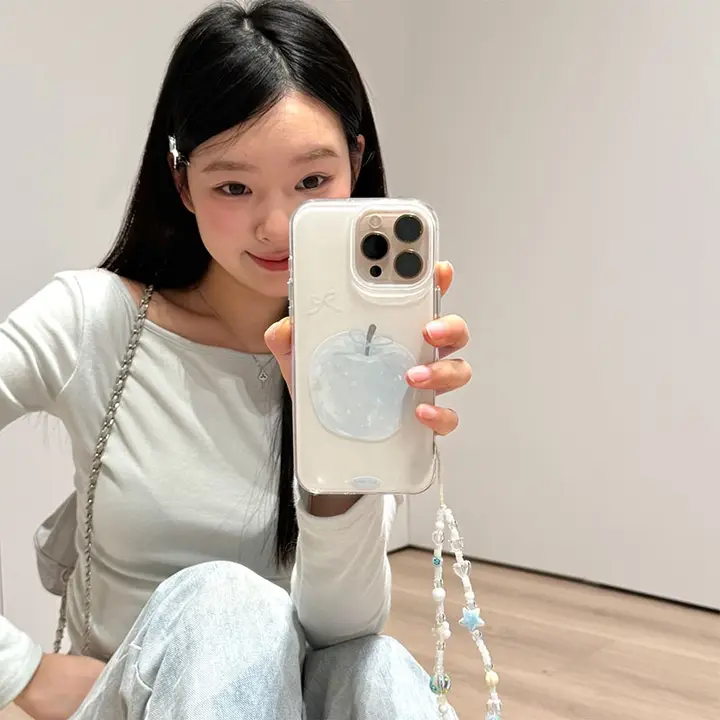 清新な水晶ブルーのリンゴ型スマホケース【iPhone対応・全包みデザイン】（セットアップ対応）