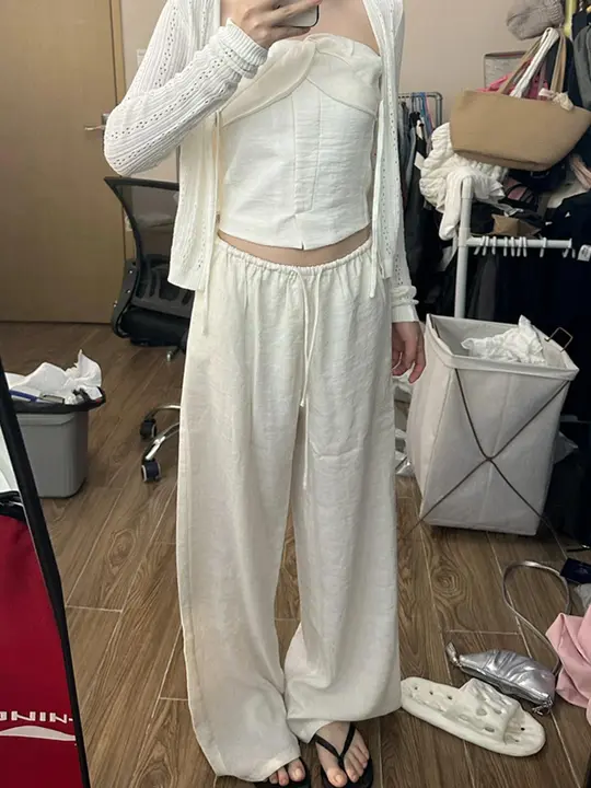 高身長対応 リネンワイドパンツ【夏用・高腰・フィット・ドラッグ丈】