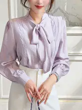 リボン付きシフォンブラウス【バルーン袖・レース・女性用】