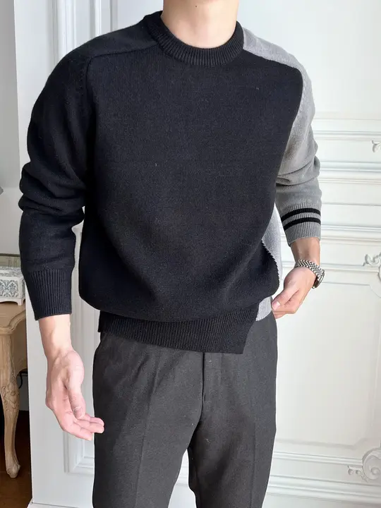 メンズ カラーブロック クルーネック ニットセーター【秋冬用・カジュアル・レトロスタイル】