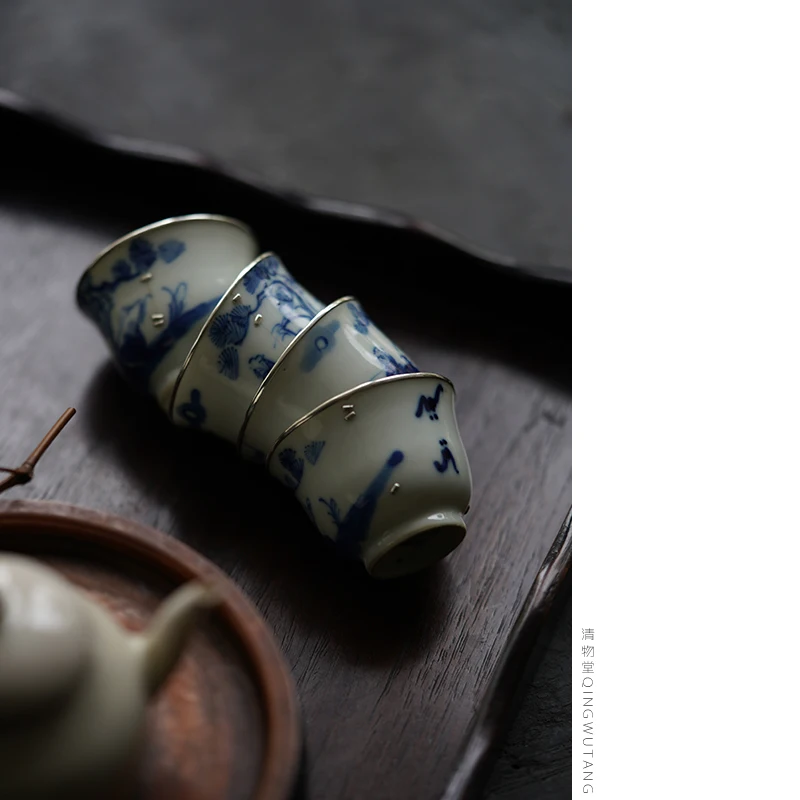 景徳鎮復元の古陶磁器カップ【青花古彩・銀口付き】