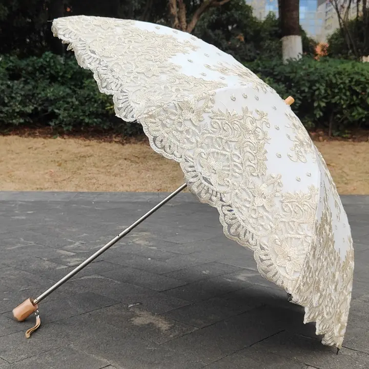 高級レース刺繍日傘【ゴールド・UVカット・晴雨兼用・2重構造】