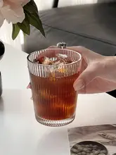 ガラスカップ 日常使用 アイスアメリカーノ 牛乳 ティーカップ 家庭用飲料カップ シンプルな日本スタイル ストライプデザイン