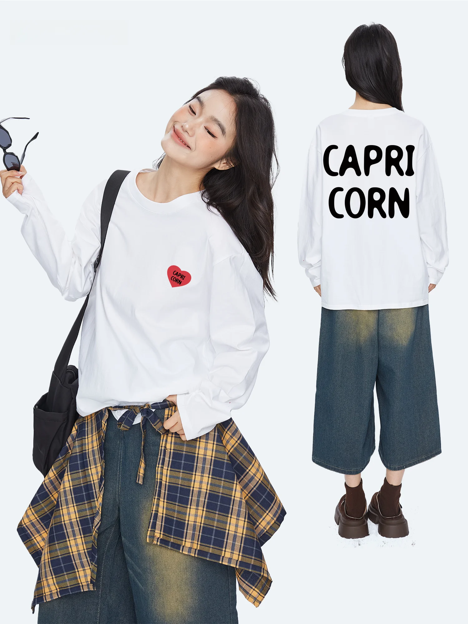 ハートロゴプリントのコットン長袖Tシャツ【ラウンドネック・女性用・春秋向け・ゆったりデザイン】