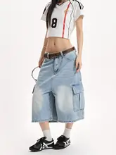 美式復古風のワイドレッグ多ポケットデニムショートパンツ【レディース・フィット・カジュアル・七分丈】（セットアップ対応）