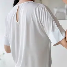 リボン付きデザインの半袖Tシャツ【ドレープ・ビジュー装飾・ホワイト・シフォン混紡】