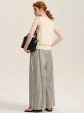 DESIGNER PLUS レトロストライプ ルーズフィットハイウエストワイドパンツ【軽量・スタイル】