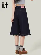 デニムハーフパンツ レディース フリルデザイン インディゴ ハイウエスト ワイド ルーズ 「it:CHOCOOLATE」